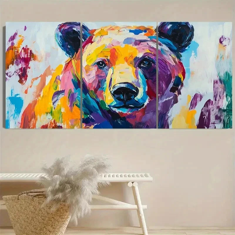 3pcs Vibrant Abstract Bear Wall Art Set Canvas Framed 60x90cm - High Quality Print 100% Australian Made Wall Canvas Ready to Hang - Bella Home Decor