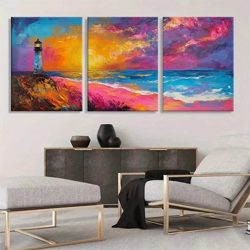 3pcs Vibrant Lighthouse and Ocean Sunset Perfect Wall Art Set Canvas Unframed - High Quality Print 100% Australian Made Wall Canvas