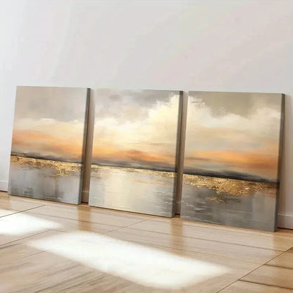 3pcs Abstract Golden Hour Lake Reflection Wall Art Set Canvas Framed 50x70cm - High Quality Print 100% Australian Made Wall Canvas Ready to Hang - Bella Home Decor