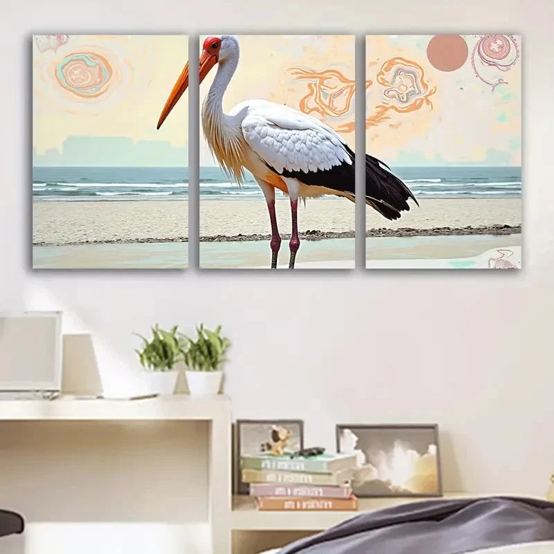 3pcs Vibrant Beach Scene with Bird & Waves Wall Art Set Canvas Framed 60x90cm - High Quality Print 100% Australian Made Wall Canvas Ready to Hang