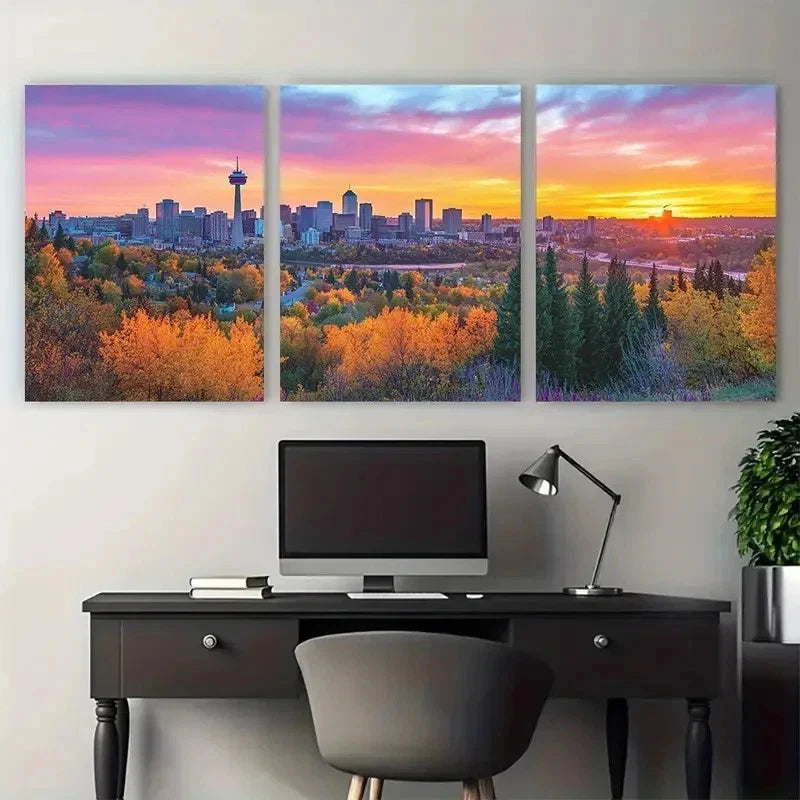 3pcs Vibrant Sunset Skyline Cityscape Perfect Wall Art Set Canvas Framed 50x70cm - High Quality Print 100% Australian Made Wall Canvas Ready to Hang