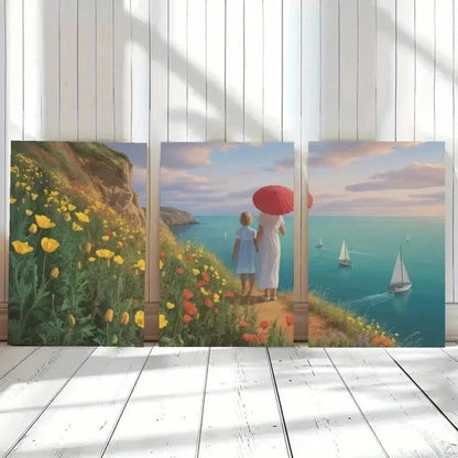 3pcs Seaside Cliff, Wildflowers  wall Art Set Canvas Framed 50x70cm - High Quality Print 100% Australian Made Wall Canvas Ready to Hang