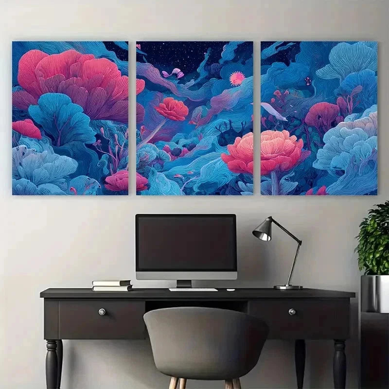 3pcs Retro Space Trendy Surreal Perfect Wall Art Set Canvas Framed 50x70cm - High Quality Print 100% Australian Made Wall Canvas Ready to Hang
