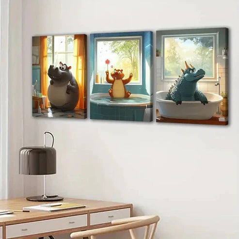3pcs Cute Animal Hippopotamus Cow Crocodile Blue Wall Art Set Canvas Unframed - High Quality Print 100% Australian Made Wall Canvas - Bella Home Decor