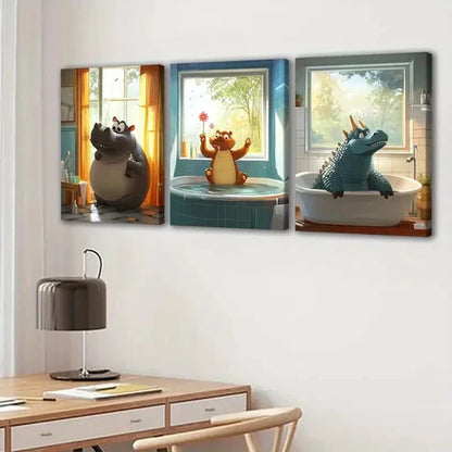 3pcs Cute Animal Hippopotamus Cow Crocodile Blue Wall Art Set Canvas Unframed - High Quality Print 100% Australian Made Wall Canvas - Bella Home Decor