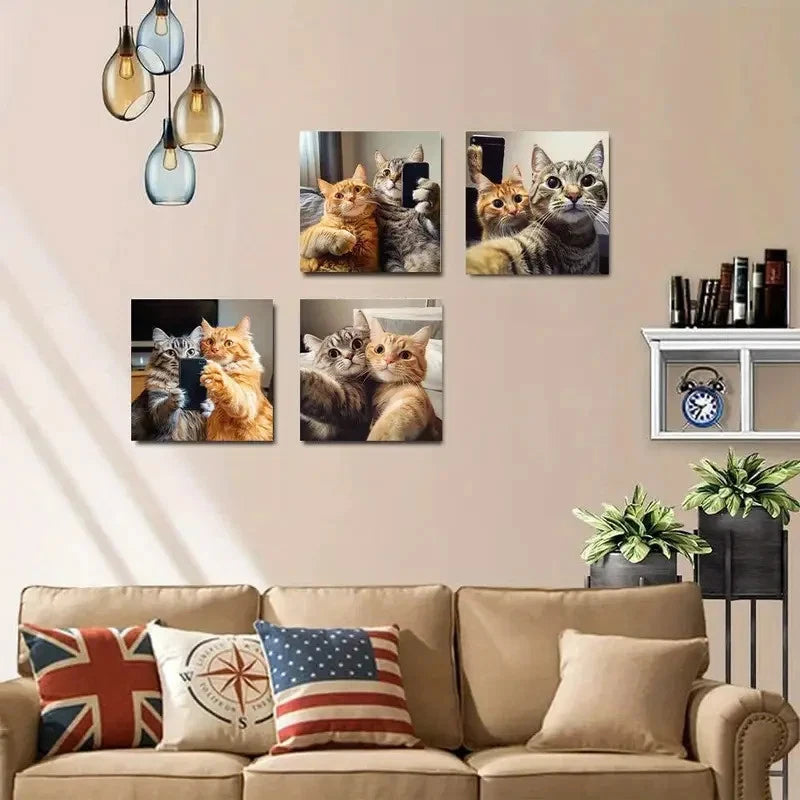4pcs Elegant Cat Selfie PostersWall Art Canvas Framed