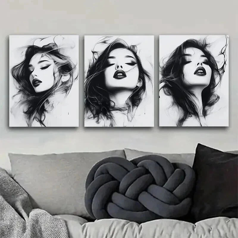 3pcs Monochrome Portrait Flowing Hair Perfect Wall Art Set Canvas Framed 50x70cm - High Quality Print 100% Australian Made Wall Canvas Ready to Hang - Bella Home Decor