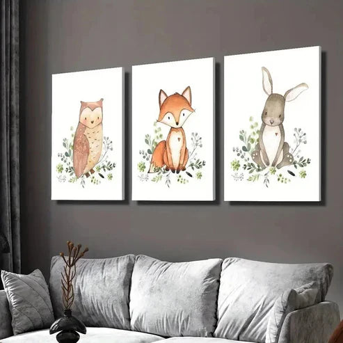 3pcs Cute Owl Fox and Rabbit Decoration  Wall Art Set Canvas Unframed - High Quality Print 100% Australian Made Wall Canvas - Bella Home Decor