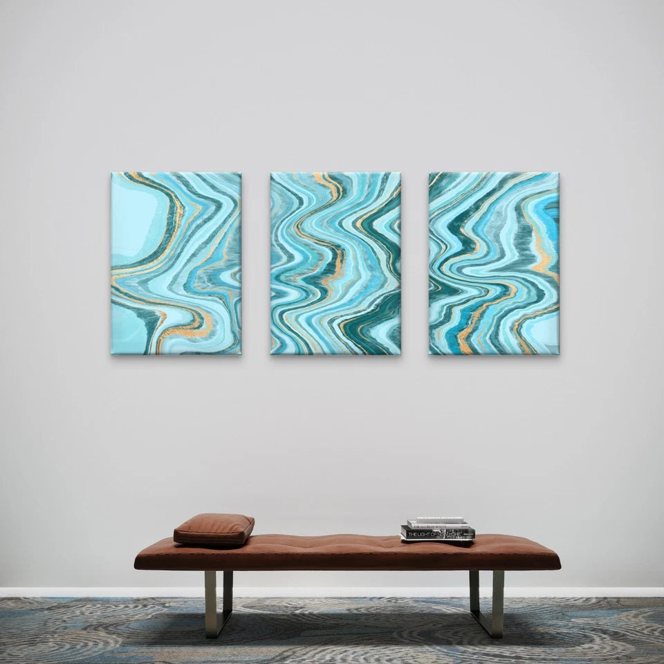 3pcs Blue and Gold Fluid Waves Abstract Art Wall Art Set Canvas Framed 50x70cm - High Quality Print 100% Australian Made Wall Canvas Ready to Hang