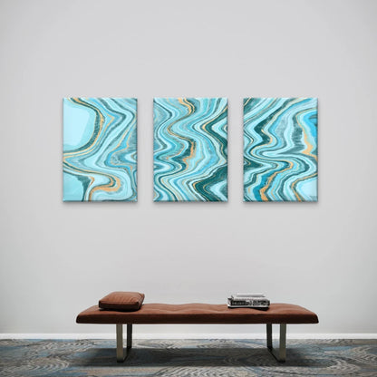 3pcs Blue and Gold Fluid Waves Abstract Art Wall Art Set Canvas Framed 50x70cm - High Quality Print 100% Australian Made Wall Canvas Ready to Hang