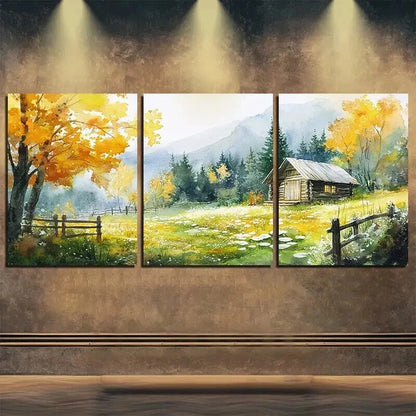 3pcs Beautiful Autumn Scenery Log Cabin Perfect Wall Art Set Canvas Framed 50x70cm - High Quality Print 100% Australian Made Wall Canvas Ready to Hang
