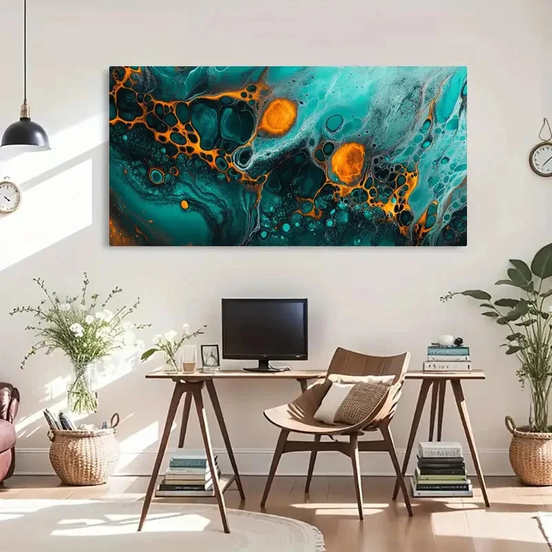 Orange & Teal Fluid Abstract Wall Art Canvas Office Home Room Framed 120x60cm - Bella Home Decor