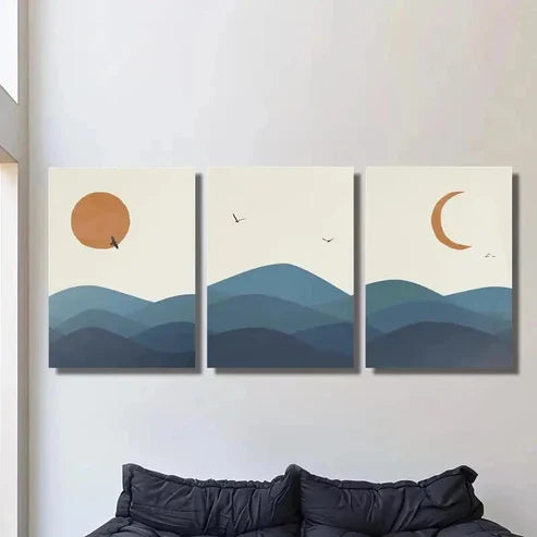 3pcs Birds Sunset Moon & Mountain Landscape Wall Art Set Canvas Unframed - High Quality Print 100% Australian Made Wall Canvas - Bella Home Decor