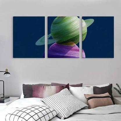 3pcs Green Ringed Planet Rests On Purple Sphere  Wall Art Set Canvas Framed 40x60cm - High Quality Print 100% Australian Made Wall Canvas Ready to Hang