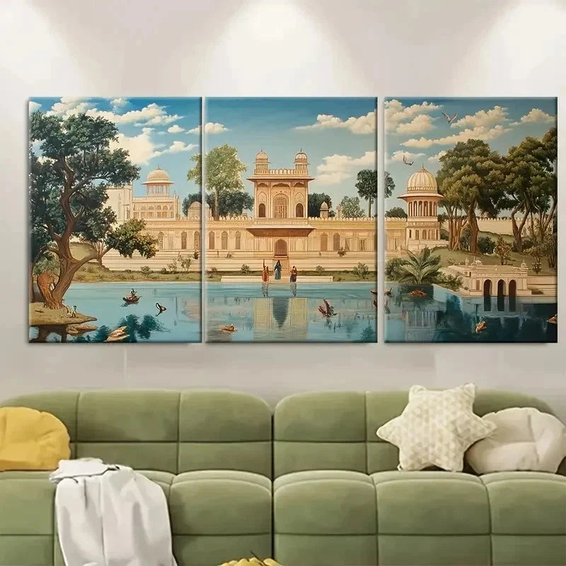 3pcs Mughal Era Palace Scene Décor Perfect Wall Art Set Canvas Framed 60x90cm - High Quality Print 100% Australian Made Wall Canvas Ready to Hang