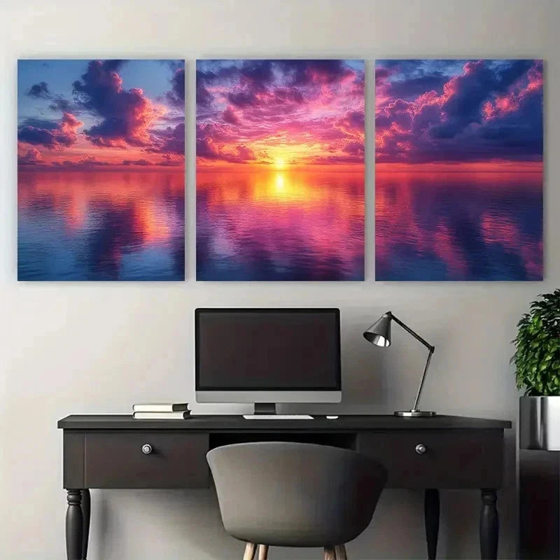 3pcs Vibrant Purple Sky Reflection Perfect Wall Art Set Canvas Framed 50x70cm - High Quality Print 100% Australian Made Wall Canvas Ready to Hang