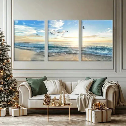 3pcs Modern Beach Sunset with Birds & Waves Wall Art Set Canvas Unframed - High Quality Print 100% Australian Made Wall Canvas