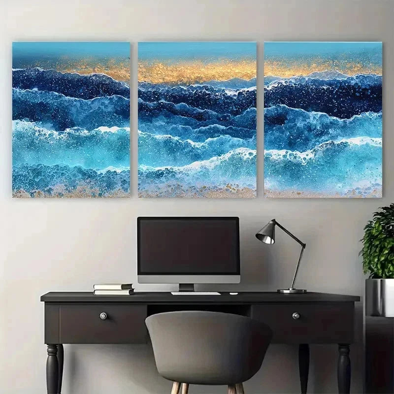 3pcs Blue Seascape Texture Sea Sunset Perfect Wall Art Set Canvas Framed 50x70cm - High Quality Print 100% Australian Made Wall Canvas Ready to Hang - Bella Home Decor