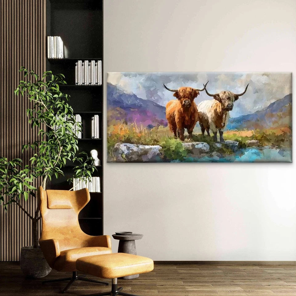 Mother & Calf in Scottish Countryside Wall Art Canvas Office Home Room Framed 120x60cm - Bella Home Decor