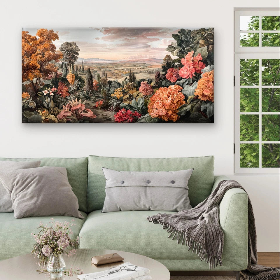 Vintage Botanical Landscape & Floral Garden Wall Art Canvas Office Home Framed 120x60