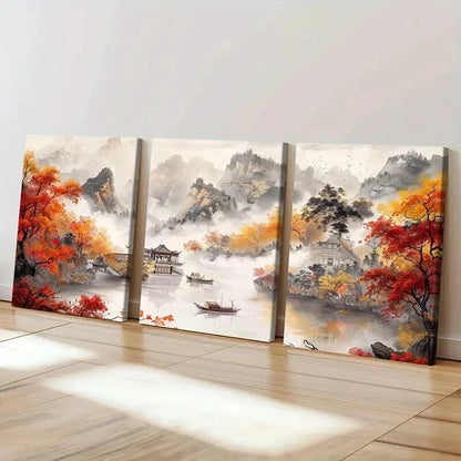 3pcs Chinese Autumn Mountain & River Scene Wall Art Set Canvas Framed 50x70cm - High Quality Print 100% Australian Made Wall Canvas Ready to Hang - Bella Home Decor