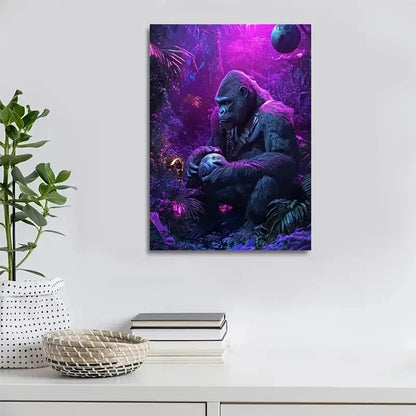 Steampunk Gorilla In Neon Jungle Painting 40x60cm Metal Print Ready to Hang - Bella Home Decor