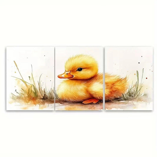 3pcs Watercolor Duckling Yellow Baby Duck Wall Art Set Canvas Framed 60x90cm - High Quality Print 100% Australian Made Wall Canvas Ready to Hang