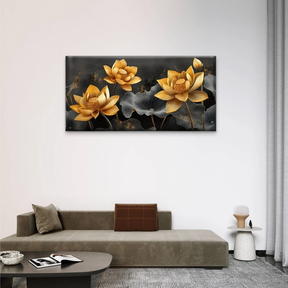 Lotus Yellow Dark Perfect Wall Art Canvas Office Home Room Framed 120x60cm
