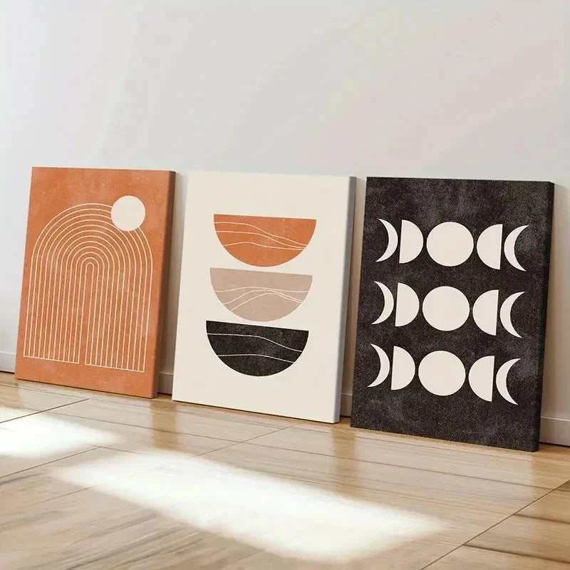 3pcs Abstract Bohemian Geometric & Sun Phases Wall Art Set Canvas Framed 60x90cm - High Quality Print 100% Australian Made Wall Canvas Ready to Hang - Bella Home Decor
