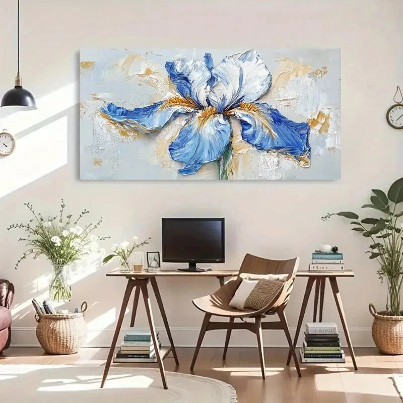 Blue Iris Floral Aesthetic Wall Art Canvas Office Home Room Framed 120x60cm - Bella Home Decor
