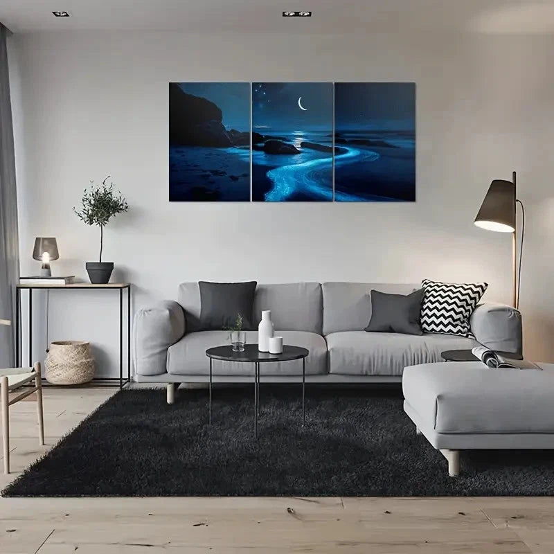 3pcs Night Beach Moonlit Ocean Scene Metal Print Ready to Hang Art