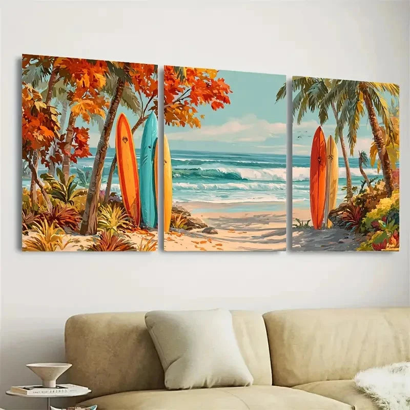 3pcs Autumn Surfboards Beach Wall Art Set Canvas Framed 50x70cm - High Quality Print 100% Australian Made Wall Canvas Ready to Hang - Bella Home Decor