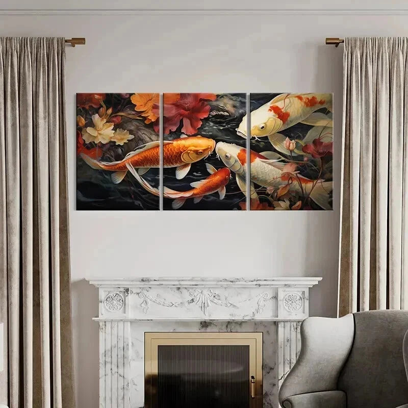 3pcs Japanese Style Koi Fish & Flowers Wall Art Set Canvas Framed 50x70cm - High Quality Print 100% Australian Made Wall Canvas Ready to Hang - Bella Home Decor