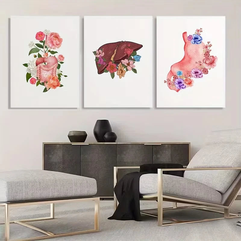 3pcs Watercolor Anatomy Floral Anatomy Designs  Wall Art Set Canvas Framed 60x90cm - High Quality Print 100% Australian Made Wall Canvas Ready to Hang