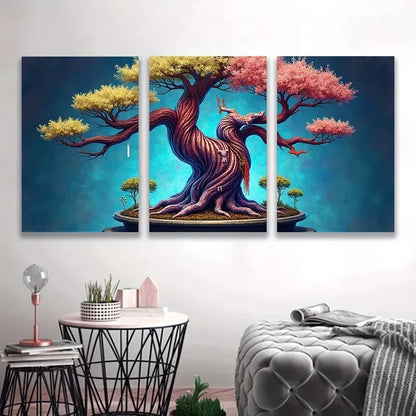 3pcs Yellow, Pink & Purple Blossoms Bonsai Tree  Wall Art Set Canvas Framed 60x90cm - High Quality Print 100% Australian Made Wall Canvas Ready to Hang