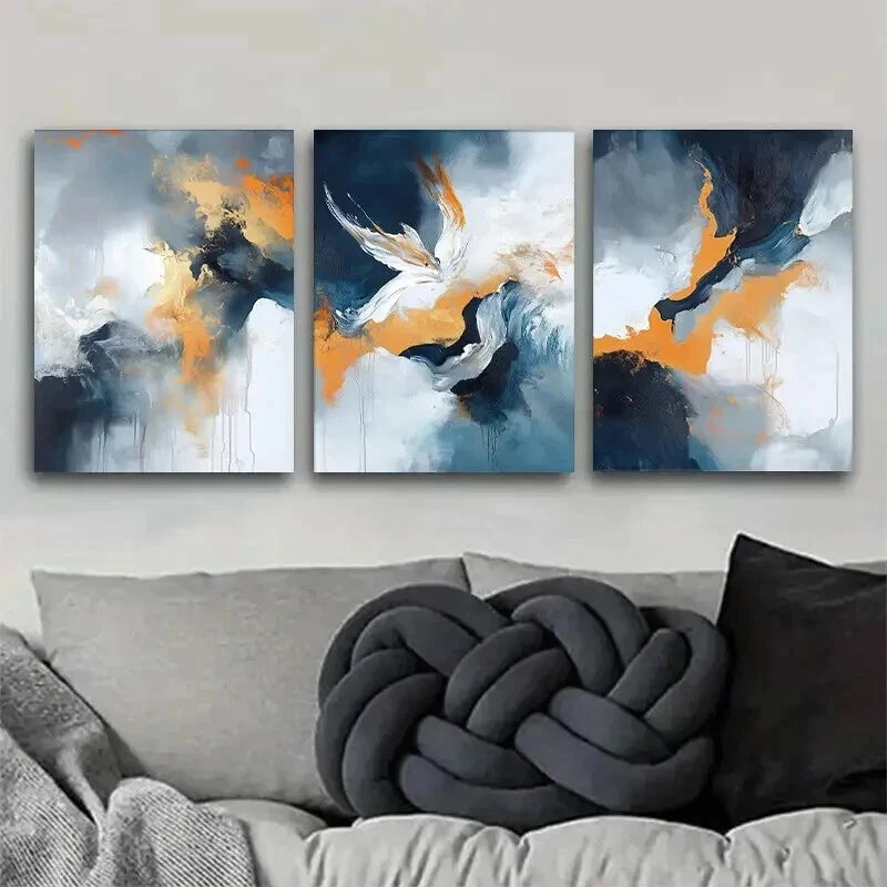 3pcs Blue White And Golden Fluid Paintings Wall Art Set Canvas Framed 40x60cm - High Quality Print 100% Australian Made Wall Canvas Ready to Hang - Bella Home Decor