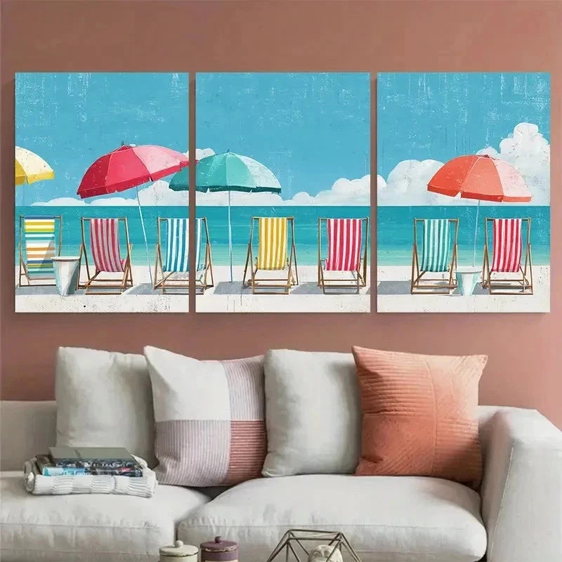 3pcs Henry Rivers Beach Deckchair Sea Perfect  Wall Art Set Canvas Framed 60x90cm - High Quality Print 100% Australian Made Wall Canvas Ready to Hang