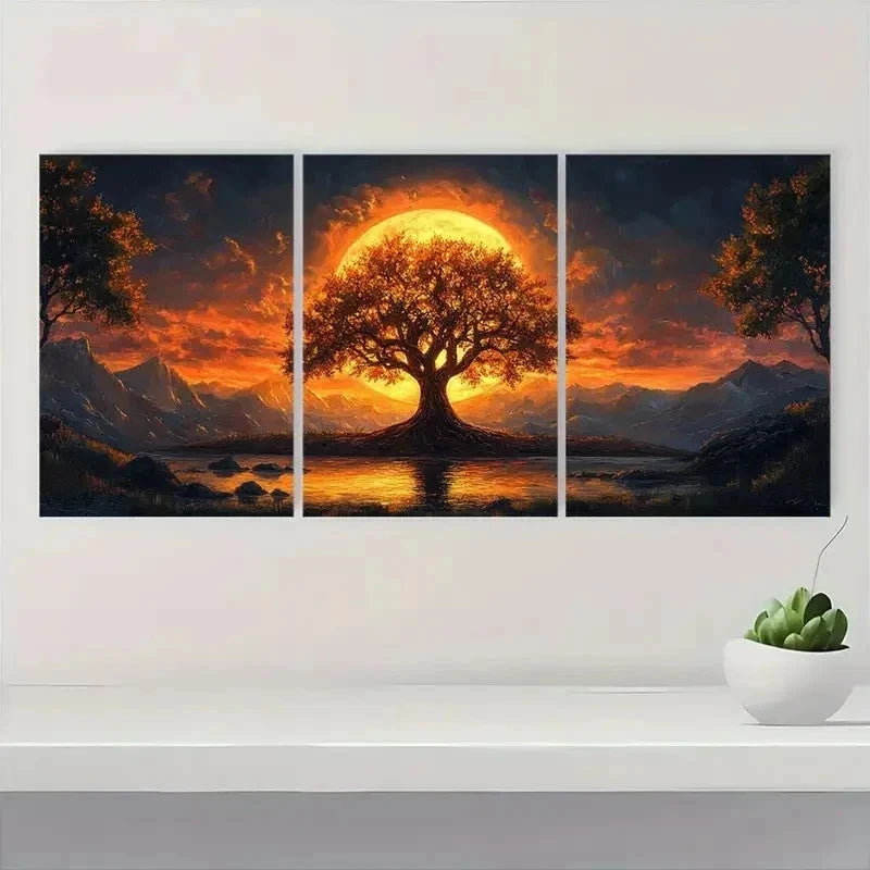 3pcs Modern Golden Tree Sunset Mountain Art l  Wall Art Set Canvas Framed 40x60cm - High Quality Print 100% Australian Made Wall Canvas Ready to Hang - Bella Home Decor