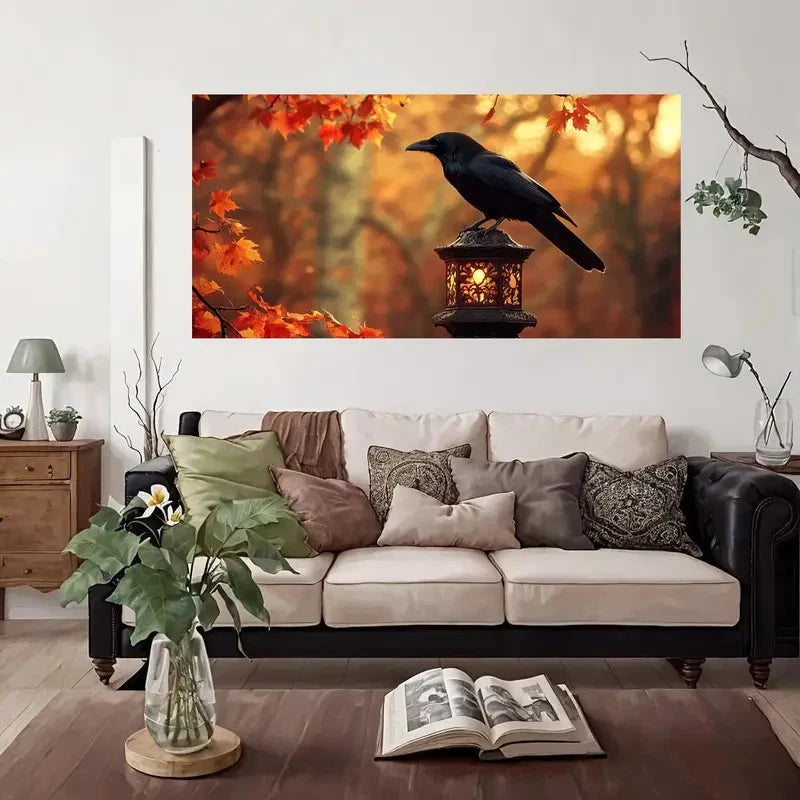 Autumn Leaves Raven Lantern Wall Art Canvas Office Home Room Framed 120x60cm