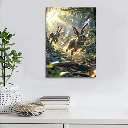 Enchanting Rabbit Chase Scene with Sunlit Painting  40x60cm Metal Print Ready to Hang - Bella Home Decor