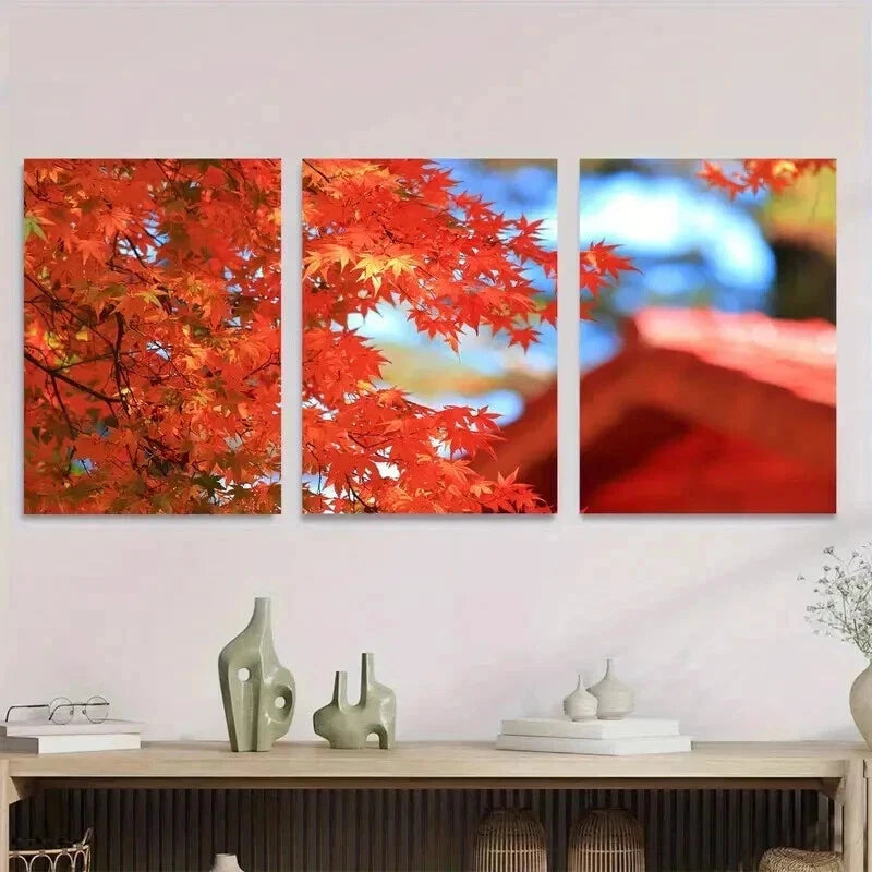3pcs Autumn Red Maple Leaves Triptych Wall Art Set Canvas Framed 40x60cm - High Quality Print 100% Australian Made Wall Canvas Ready to Hang