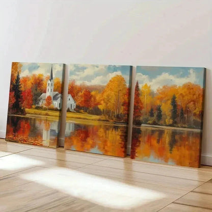 3pcs Autumn Church Landscape & Lake Reflection Wall Art Set Canvas Framed 40x60cm - High Quality Print 100% Australian Made Wall Canvas Ready to Hang - Bella Home Decor