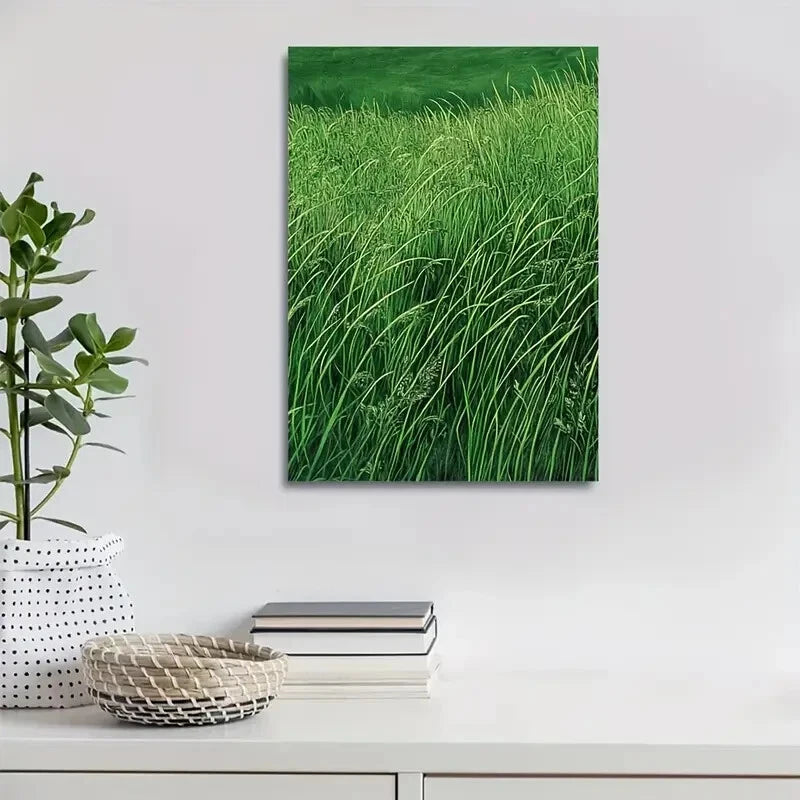 Emerald Green Thatch Grass Meadow Painting 40x60cm Metal Print Ready to Hang