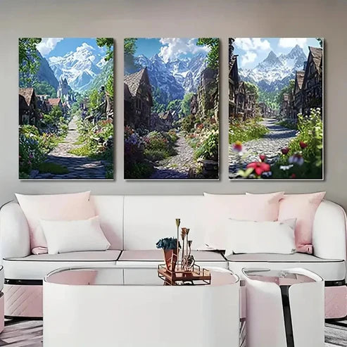 3pcs Fantasy Mountain Village Wall Art Canvas Unframed – High Quality Print 100% Australian Made Wall Canvas