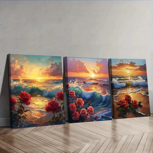 3pcs Featuring a Sunset, Ocean, And Blooming Wall Art Canvas Unframed - High Quality Print 100% Australian Made Wall Canvas