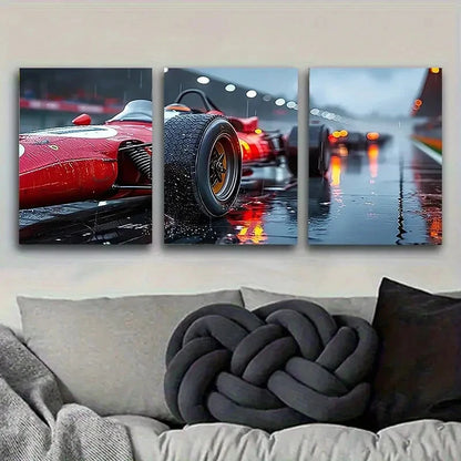 3pcs Red Sports Car on Rainy Track Wall Art Set Canvas Framed 50x70cm - High Quality Print 100% Australian Made Wall Canvas Ready to Hang