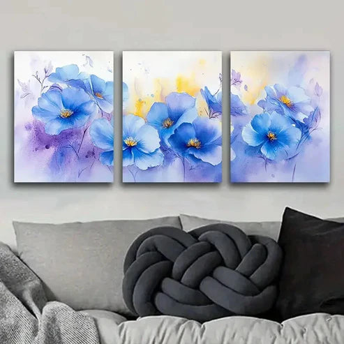 3pcs Blue Flower Colorful Floral Light Perfect Wall Art Set Canvas Unframed - High Quality Print 100% Australian Made Wall Canvas - Bella Home Decor