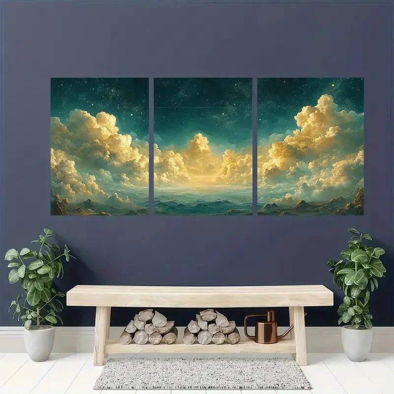 3pcs Serene Night Sky & Clouds Panoramic Metal Print Ready to Hang Art - Bella Home Decor