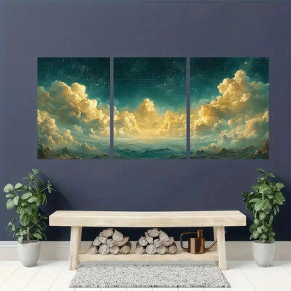 3pcs Serene Night Sky & Clouds Panoramic Metal Print Ready to Hang Art - Bella Home Decor
