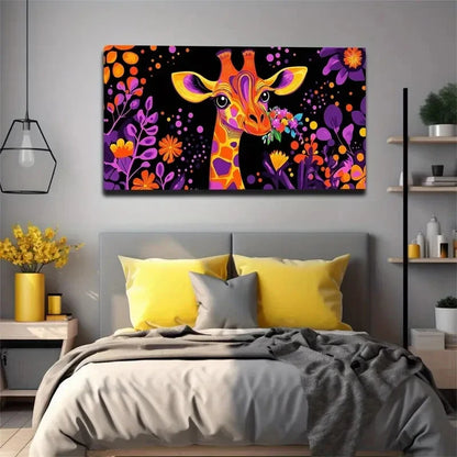 Vibrant Yellow Purple Giraffe Wall Art Canvas Office Home Room Framed 120x60cm